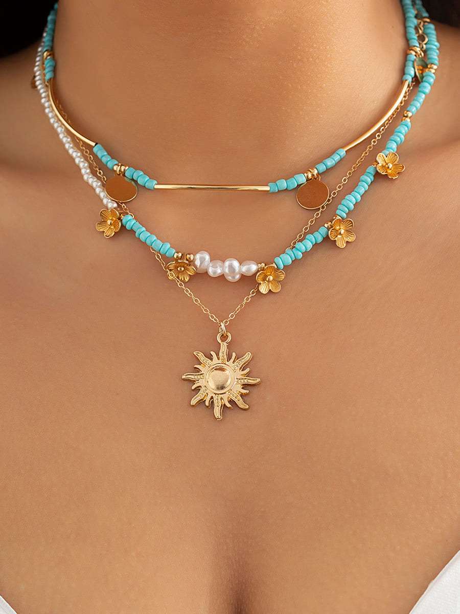 3ks Sluneční a květinový náhrdelník s faux perlami